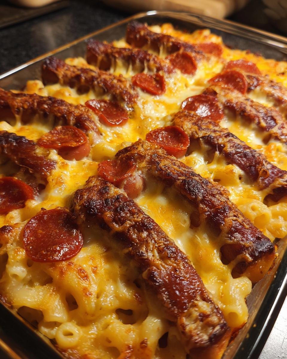 Baked spooky with rib cage mac & cheese featuring hot dogs and pepperoni in a casserole dish.