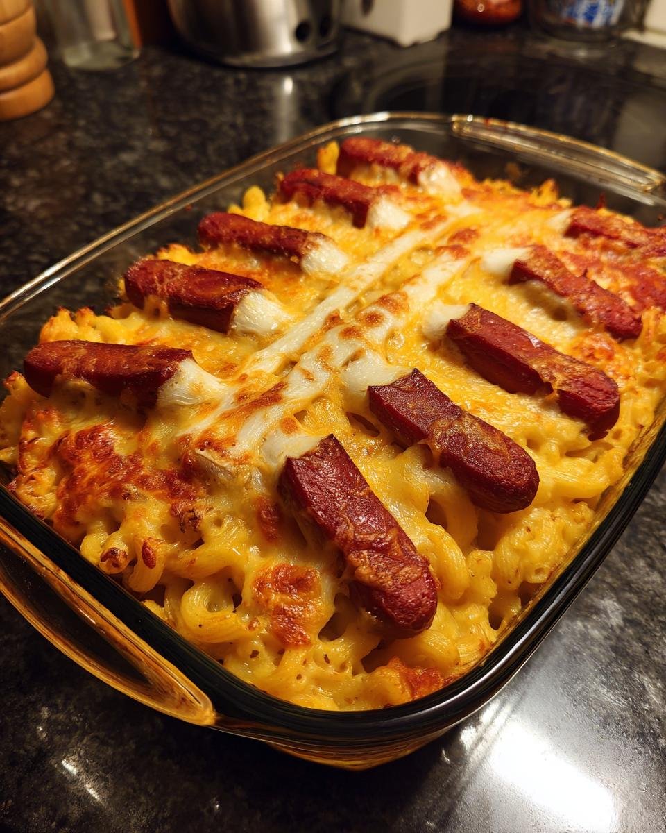 Baked Spooky With Rib Cage Mac & Cheese in a glass dish, featuring a rib cage design with sausage and cheese.