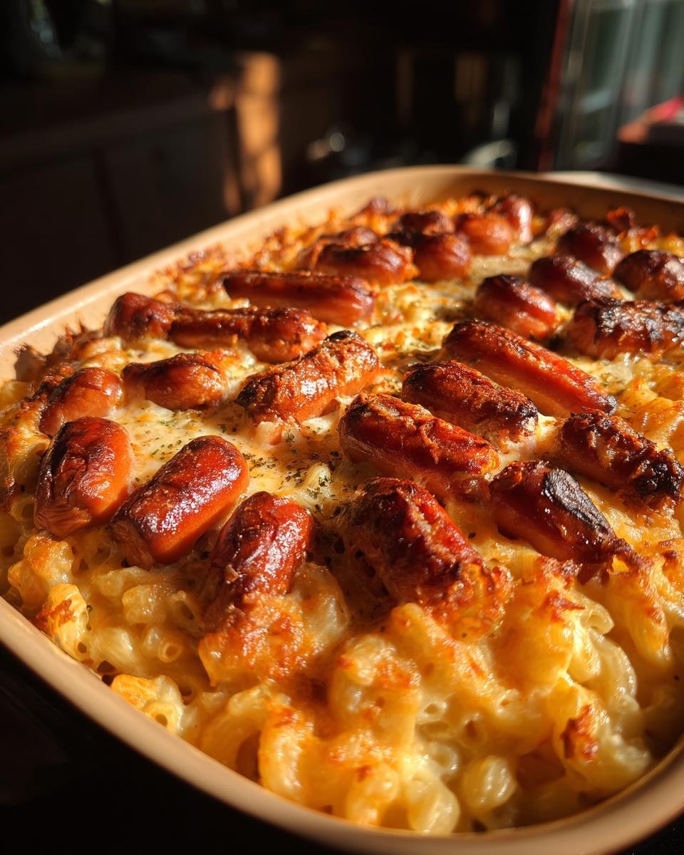 Baked Spooky With Rib Cage Mac & Cheese featuring macaroni and cheese topped with sausage ribs in a casserole dish.