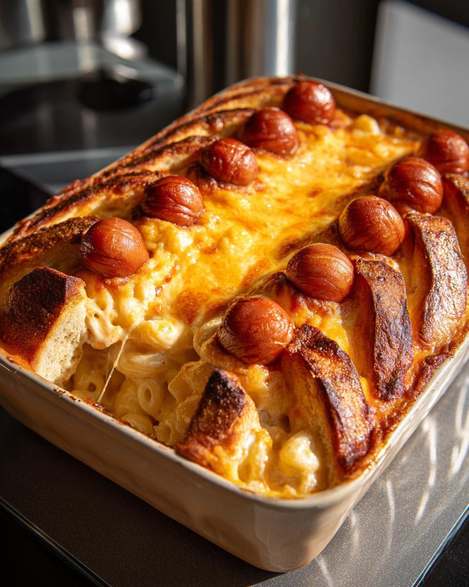 Baked Spooky With Rib Cage Mac & Cheese casserole in a dish, featuring bread "ribs" and sausage "eyeballs".