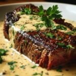 Juicy Steak with Whiskey Garlic Cream sauce, garnished with fresh parsley.
