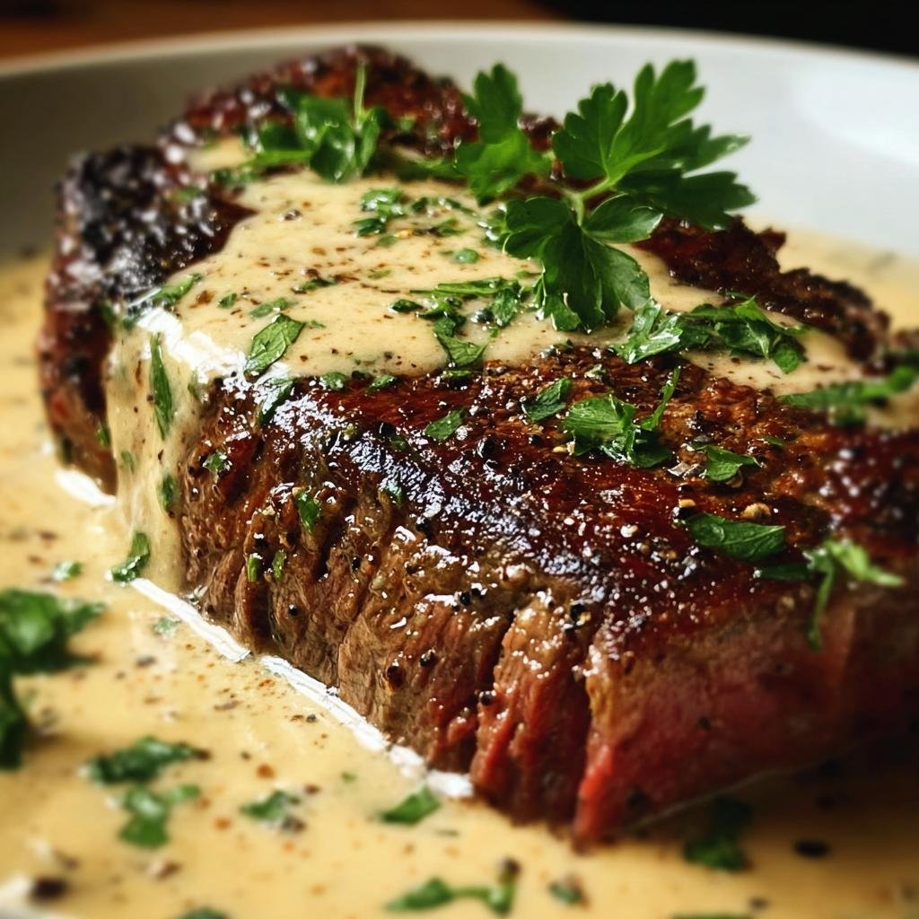 Juicy Steak with Whiskey Garlic Cream sauce, garnished with fresh parsley.