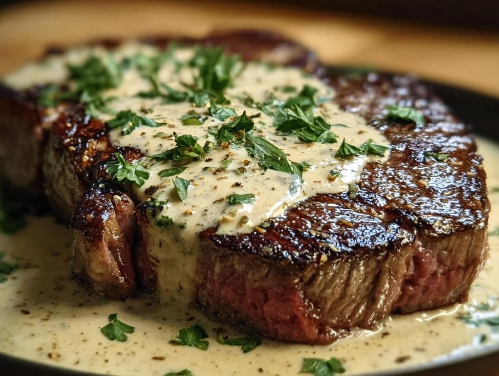 Juicy steak topped with whiskey garlic cream sauce and fresh parsley.
