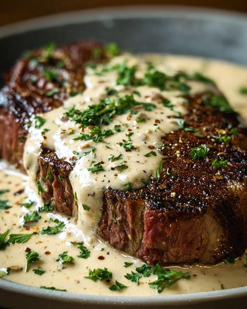 Close-up of a perfectly cooked steak with Whiskey Garlic Cream sauce, garnished with fresh parsley.