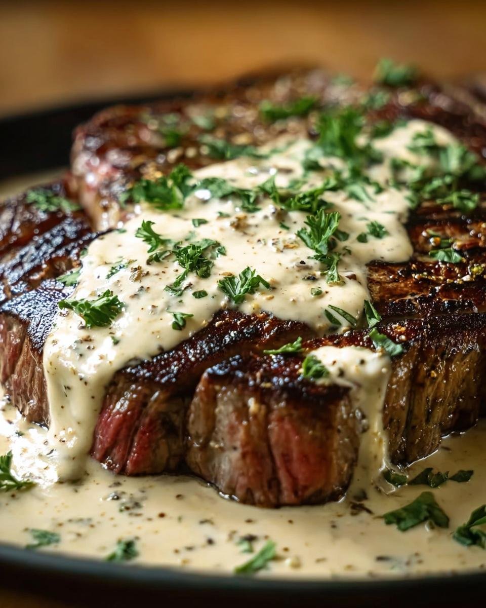 Close-up of a perfectly cooked steak with Whiskey Garlic Cream sauce, garnished with fresh parsley.