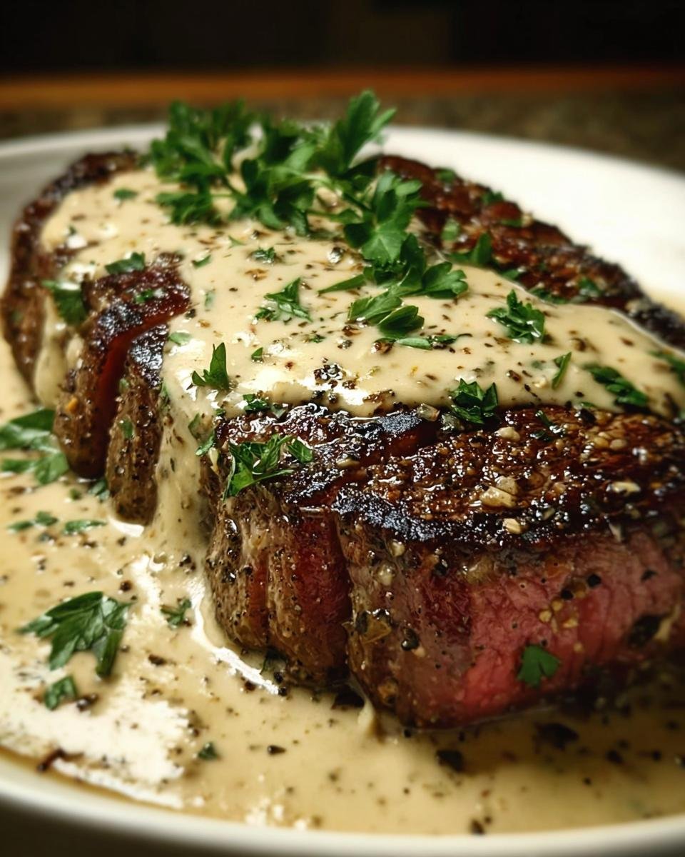 A perfectly cooked steak with Whiskey Garlic Cream sauce, garnished with fresh parsley.