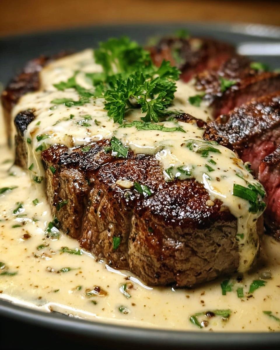 Delicious steak with whiskey garlic cream sauce, garnished with parsley. Close-up shot.
