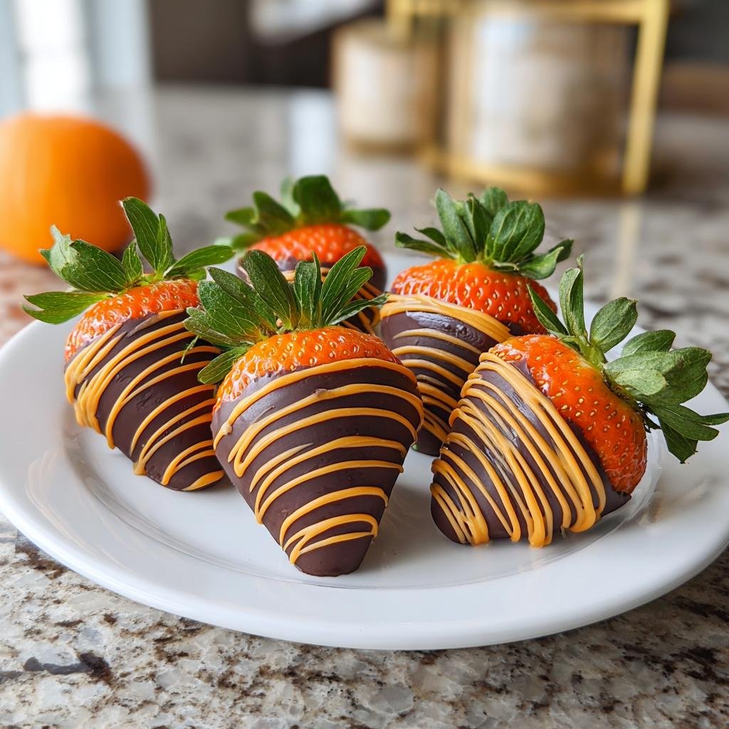 A plate of chocolate-dipped Strawberry “Pumpkins” with orange drizzle, resembling miniature pumpkins.