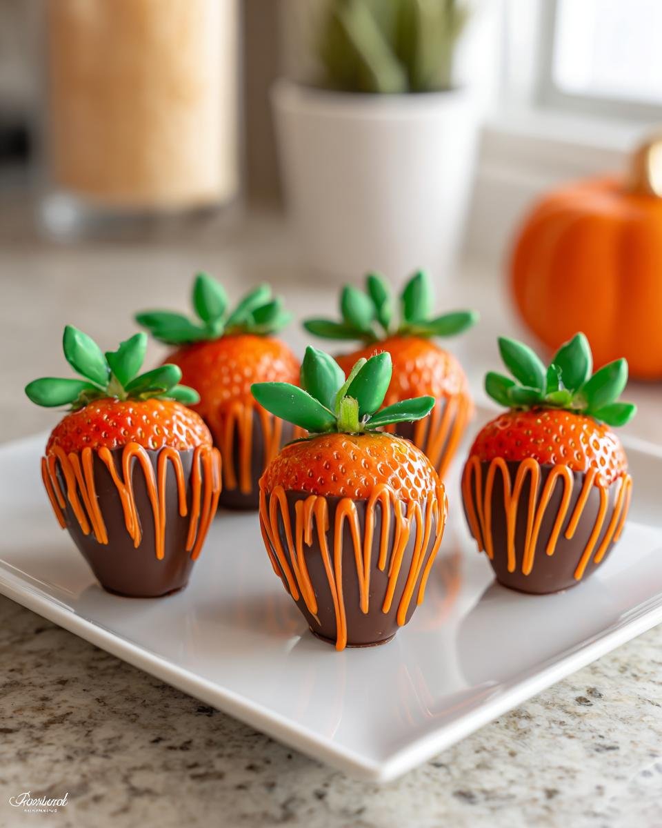 Five chocolate-dipped Strawberry “Pumpkins” with orange drizzle and green candy leaves on a white plate.