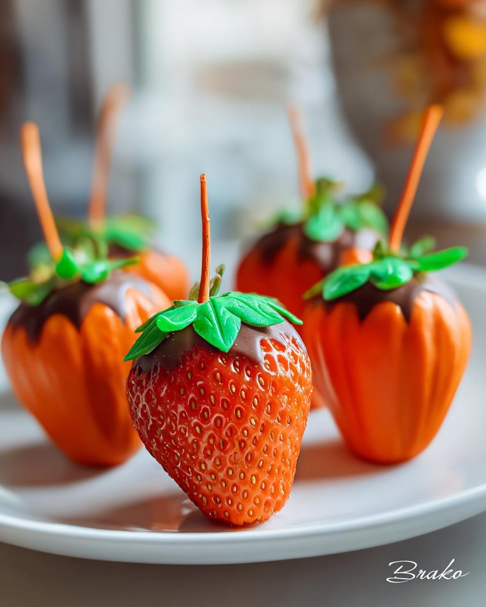 Close-up of chocolate-dipped Strawberry “Pumpkins” decorated with green leaves and orange candy coating.