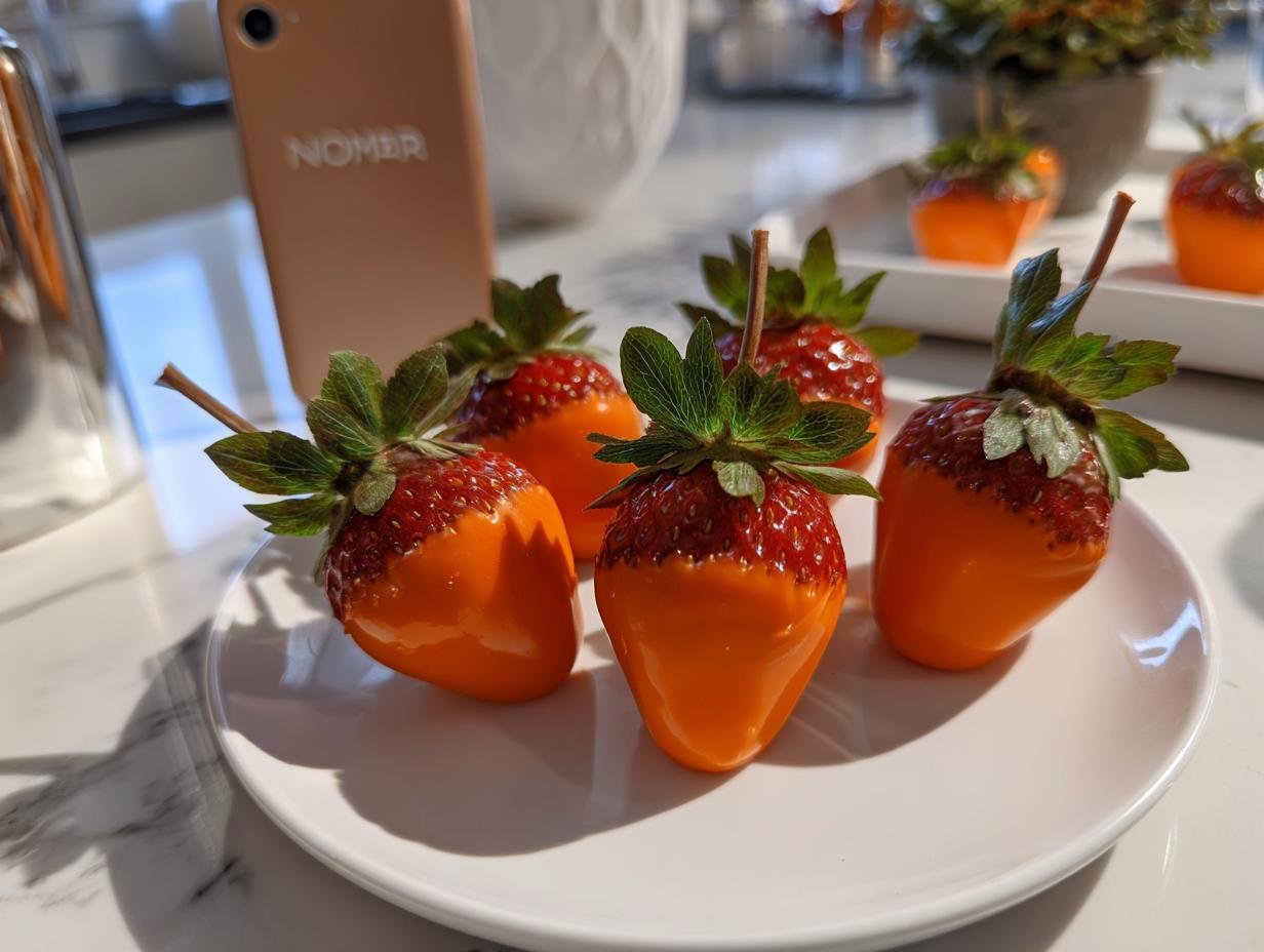 Close-up of chocolate-dipped Strawberry “Pumpkins” on a white plate, ready to eat.