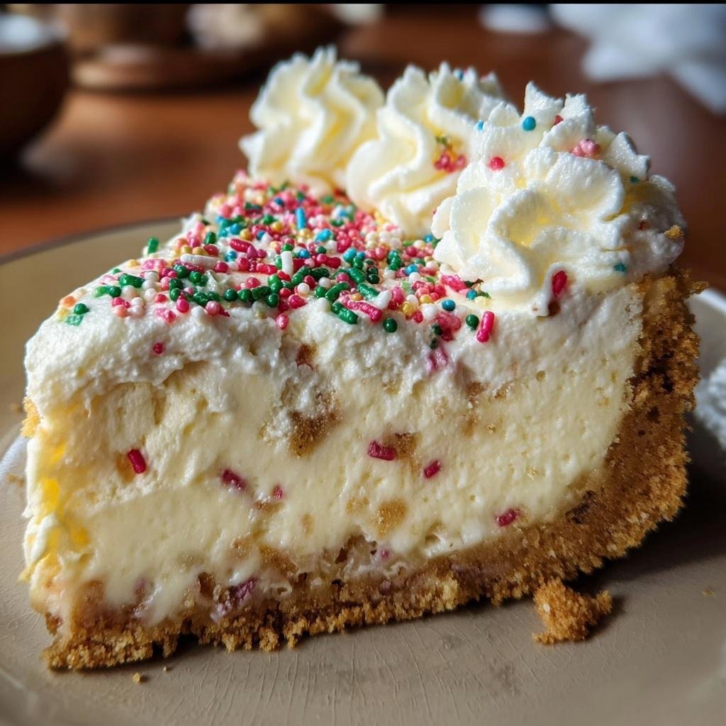 A delicious slice of Sugar Cookie Cheesecake topped with whipped cream and colorful sprinkles.
