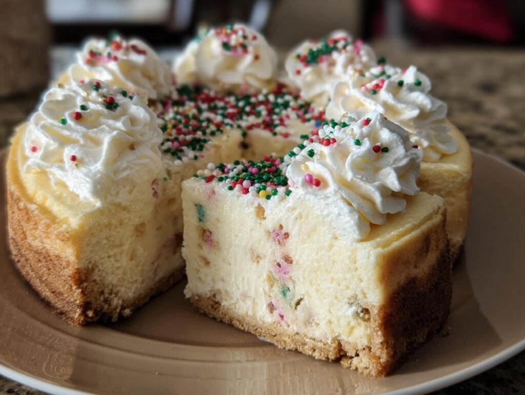 A sliced Sugar Cookie Cheesecake topped with whipped cream and colorful sprinkles on a plate.