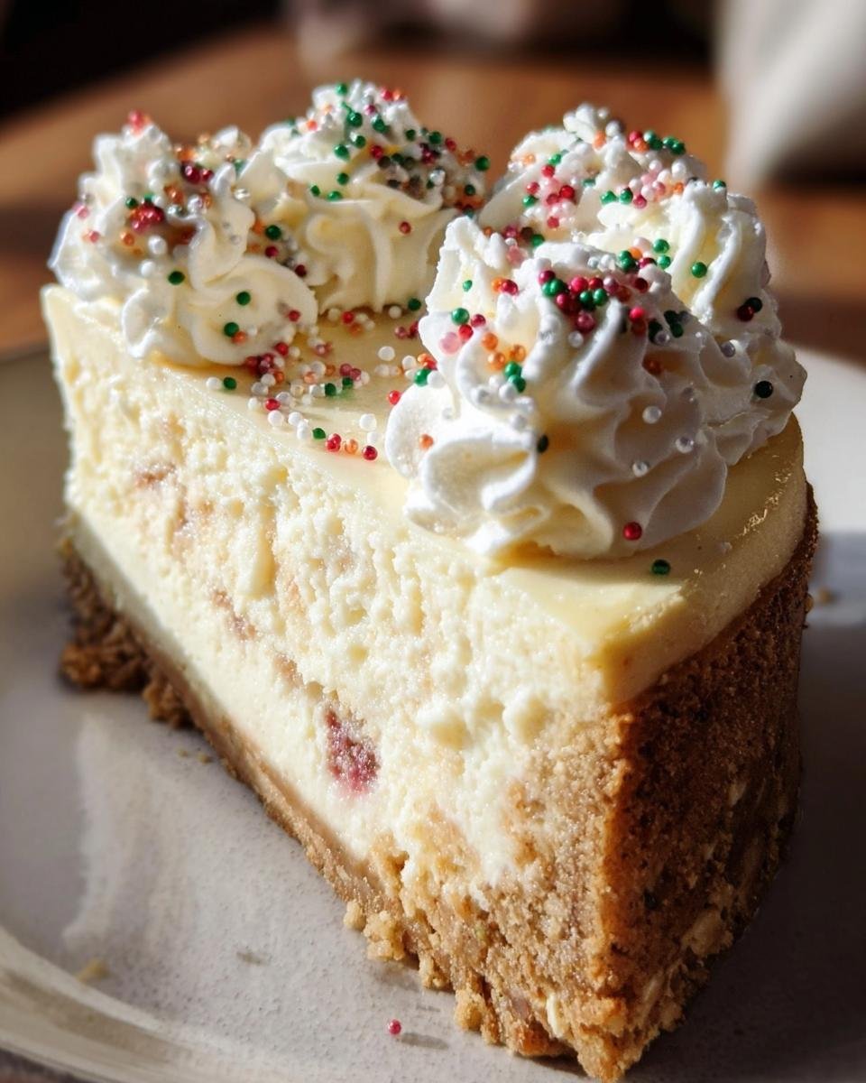 A delicious slice of Sugar Cookie Cheesecake topped with whipped cream and colorful sprinkles.