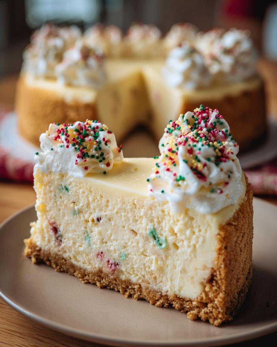 A slice of Sugar Cookie Cheesecake topped with whipped cream and colorful sprinkles. The full cheesecake is in the background.
