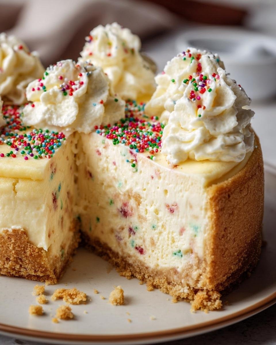 A slice of Sugar Cookie Cheesecake topped with whipped cream and colorful sprinkles.