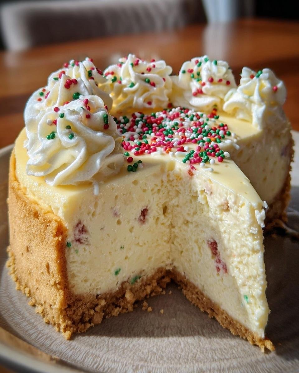 A delicious Sugar Cookie Cheesecake with a slice cut out, topped with whipped cream and festive sprinkles.