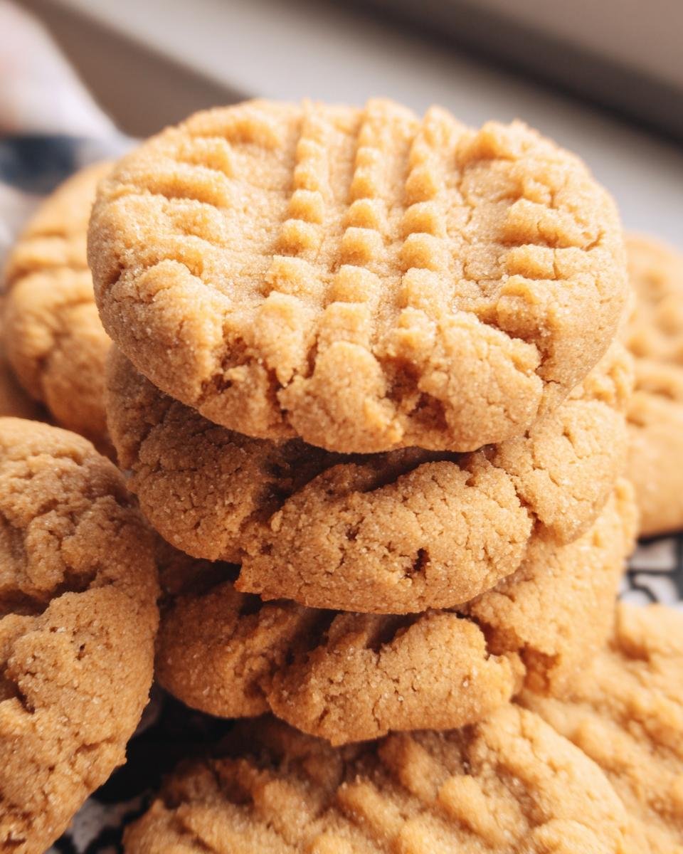 A stack of homemade 3 Ingredient Sugar Free Peanut Butter Cookies, showing the classic fork-press pattern.