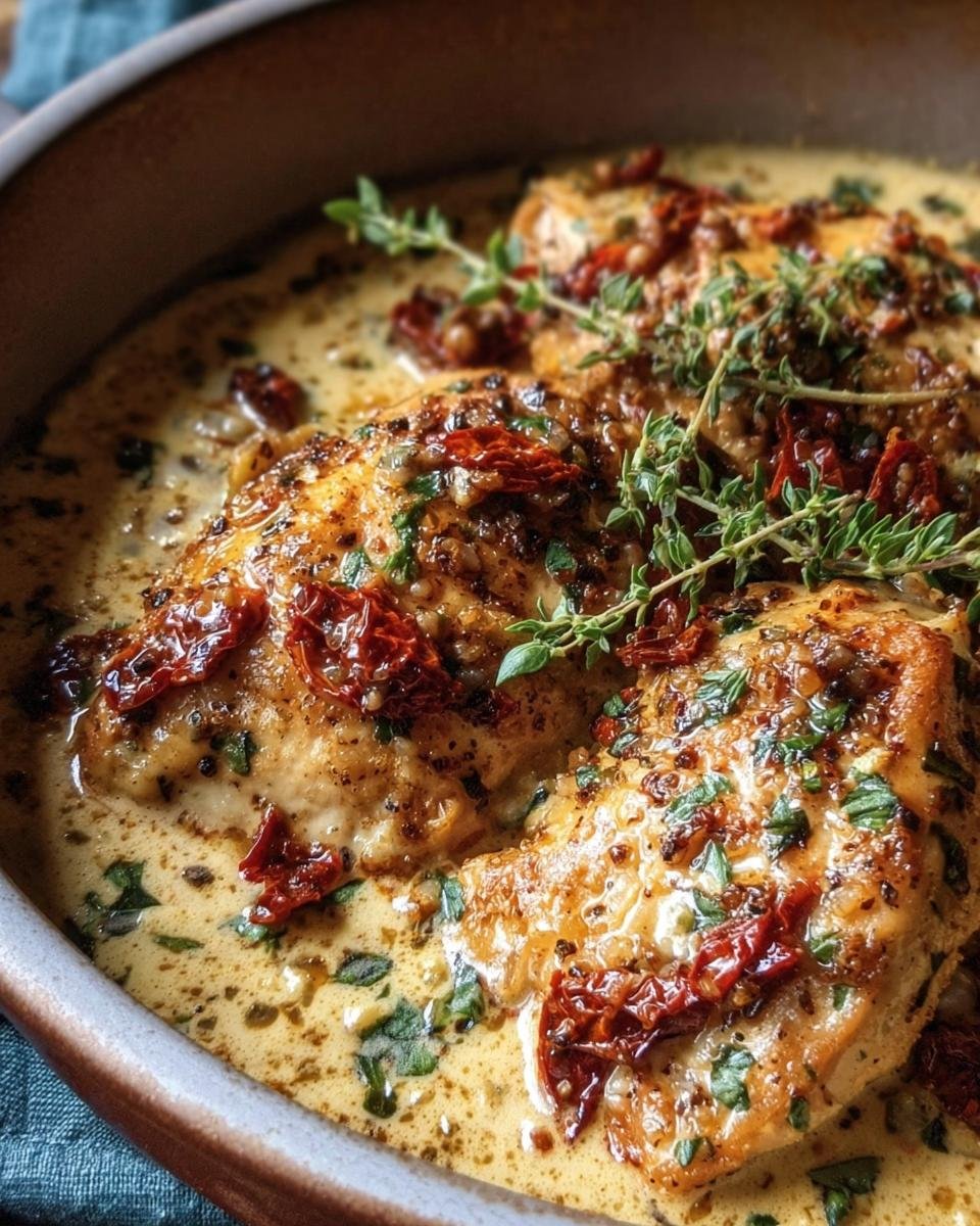 Close-up of Sun-Dried Tomato Chicken in a creamy sauce, garnished with thyme and herbs.