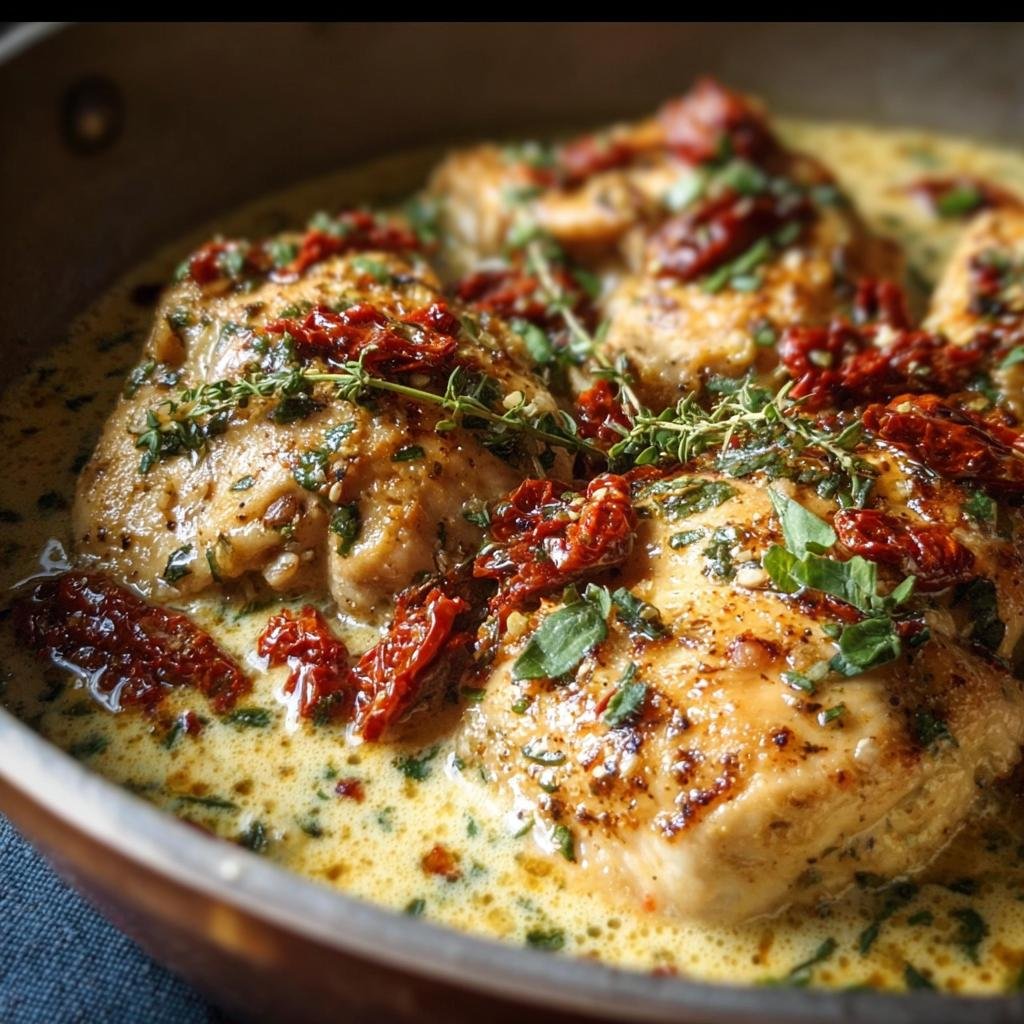 Pan of Sun-Dried Tomato Chicken with creamy sauce, herbs, and sun-dried tomatoes.