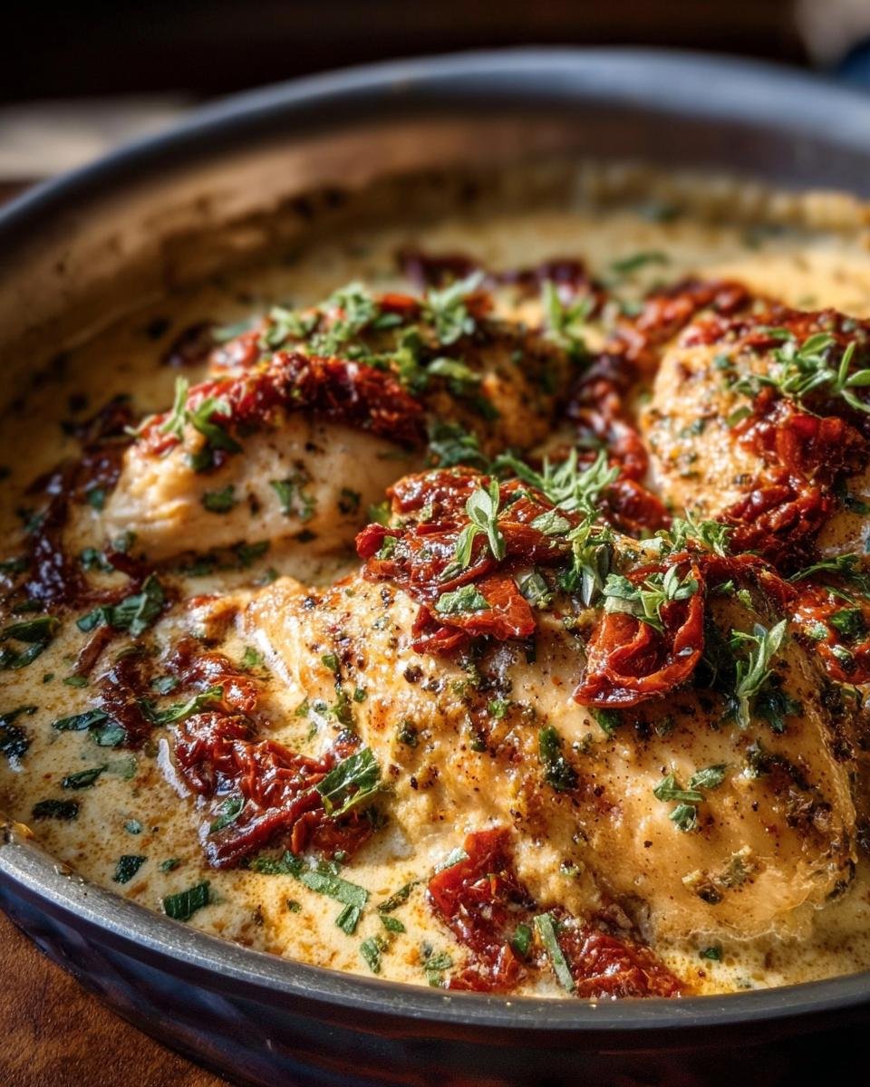 Close-up of Sun-Dried Tomato Chicken in a creamy sauce, garnished with herbs in a skillet.