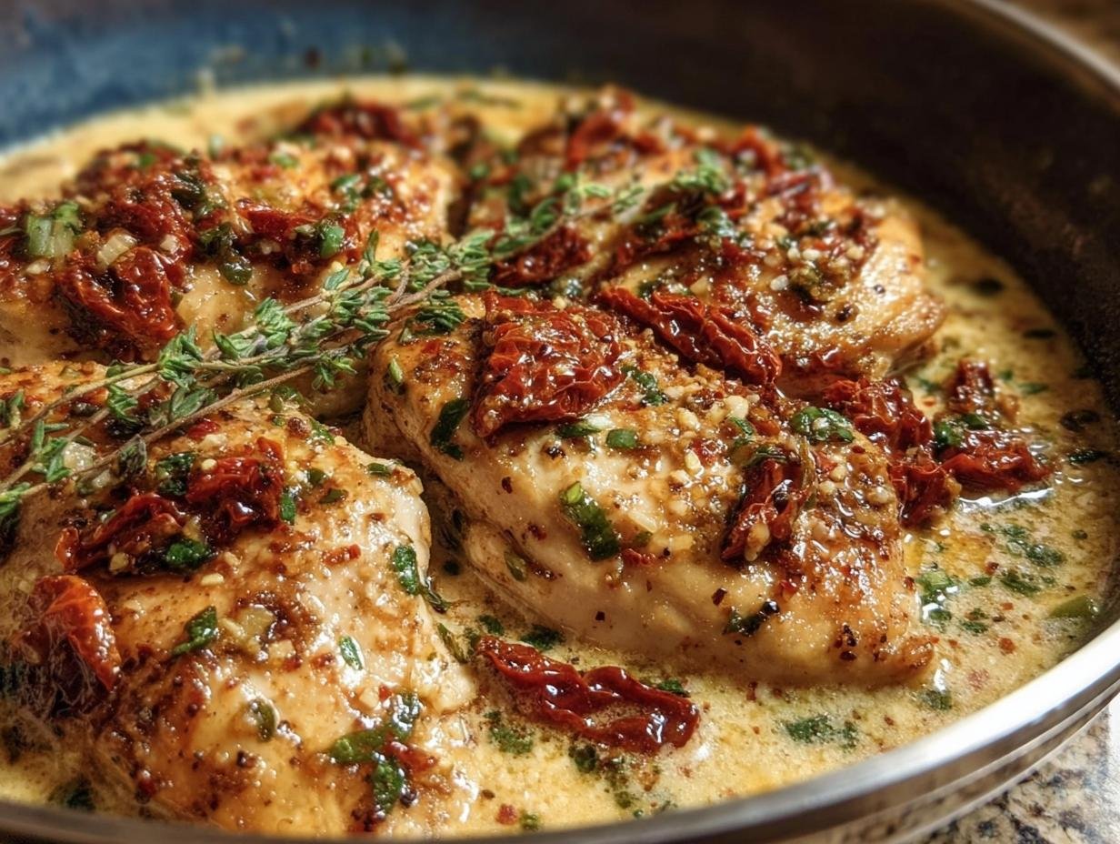 Close-up of Sun-Dried Tomato Chicken in a creamy sauce, garnished with herbs in a skillet.