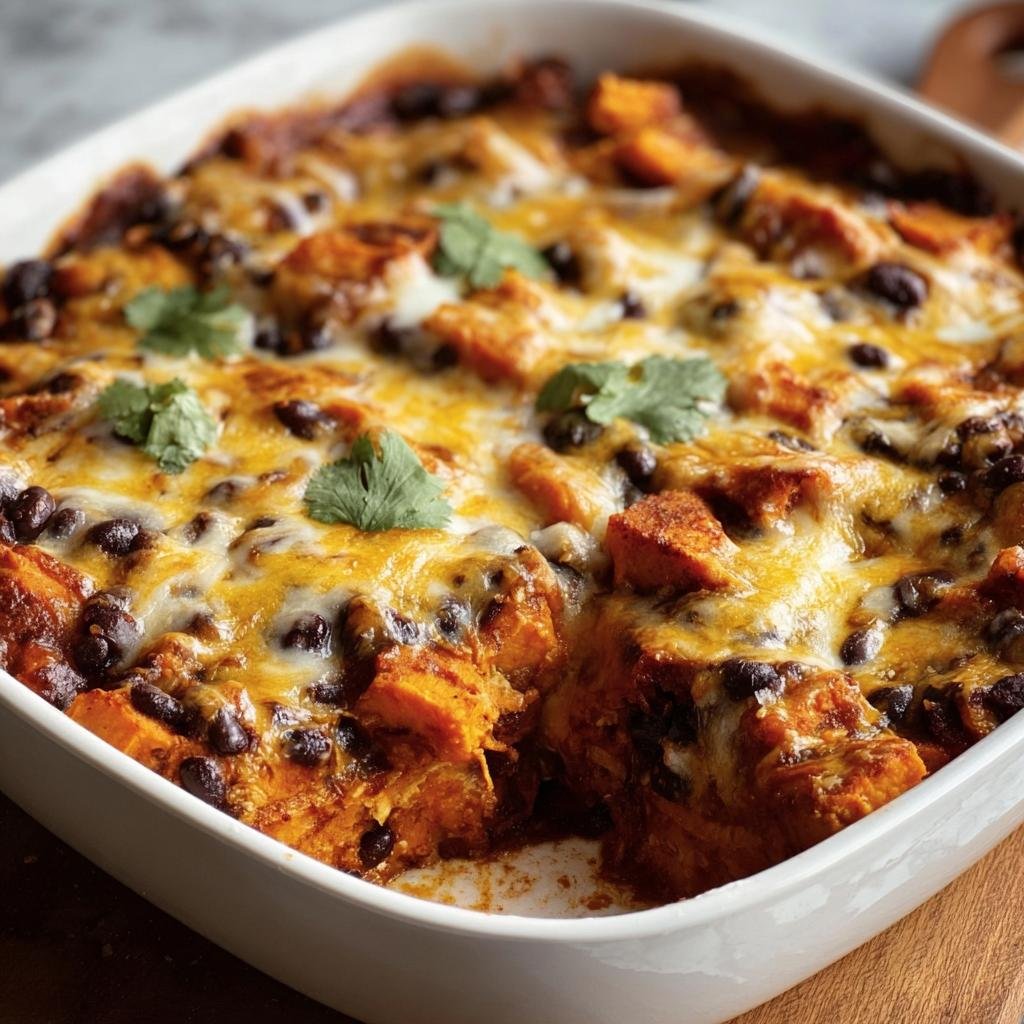Delicious Sweet Potato and Black Bean Enchilada Casserole in a white baking dish, topped with melted cheese and cilantro.