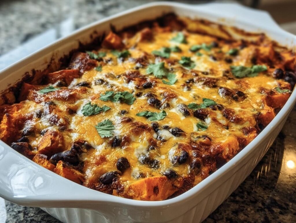 Baked Sweet Potato and Black Bean Enchilada Casserole in a white dish, topped with cheese and cilantro.