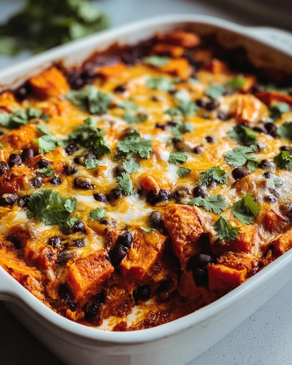 Delicious Sweet Potato and Black Bean Enchilada Casserole topped with cheese and cilantro.