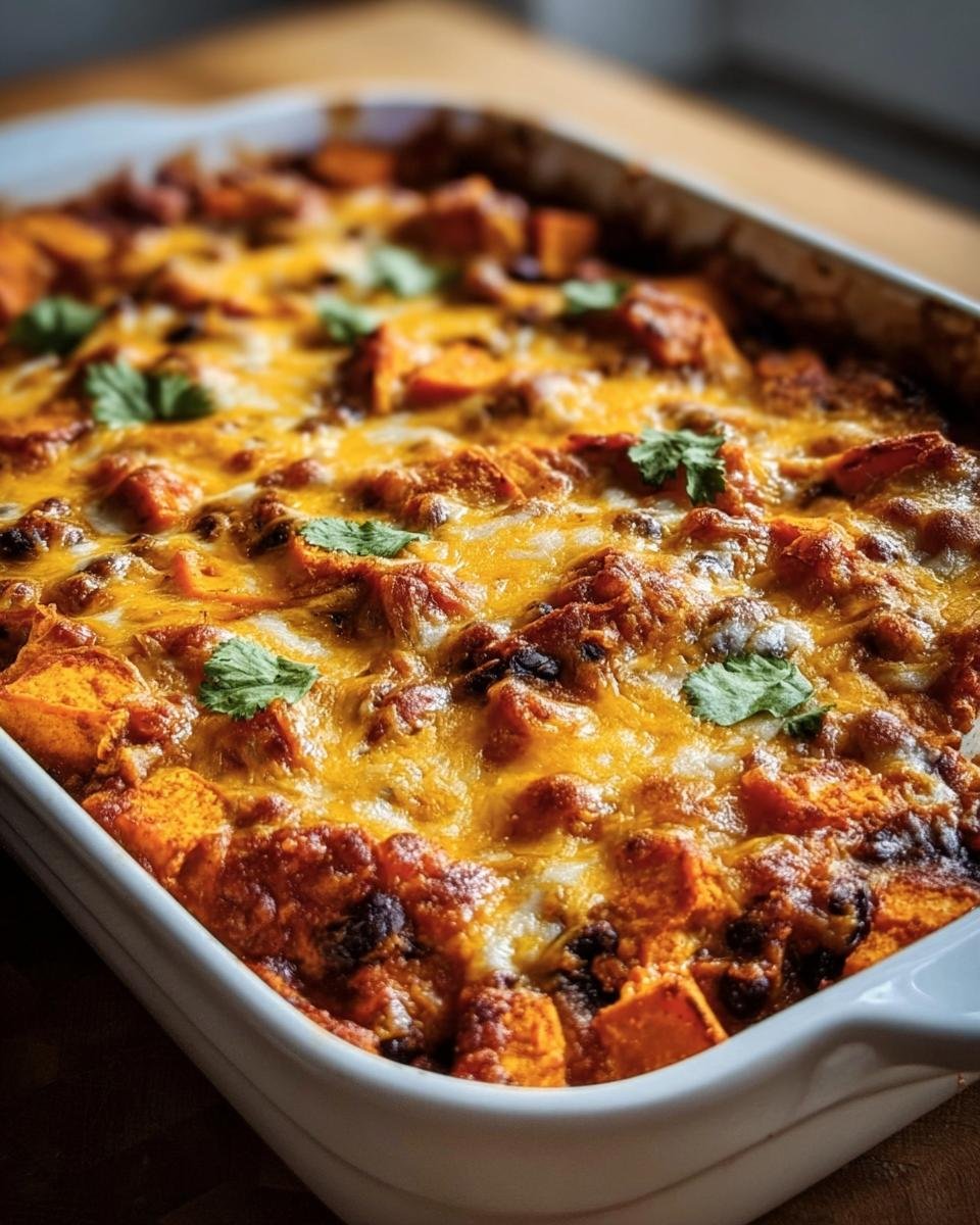 Close up of a Sweet Potato and Black Bean Enchilada Casserole with melted cheese and cilantro.