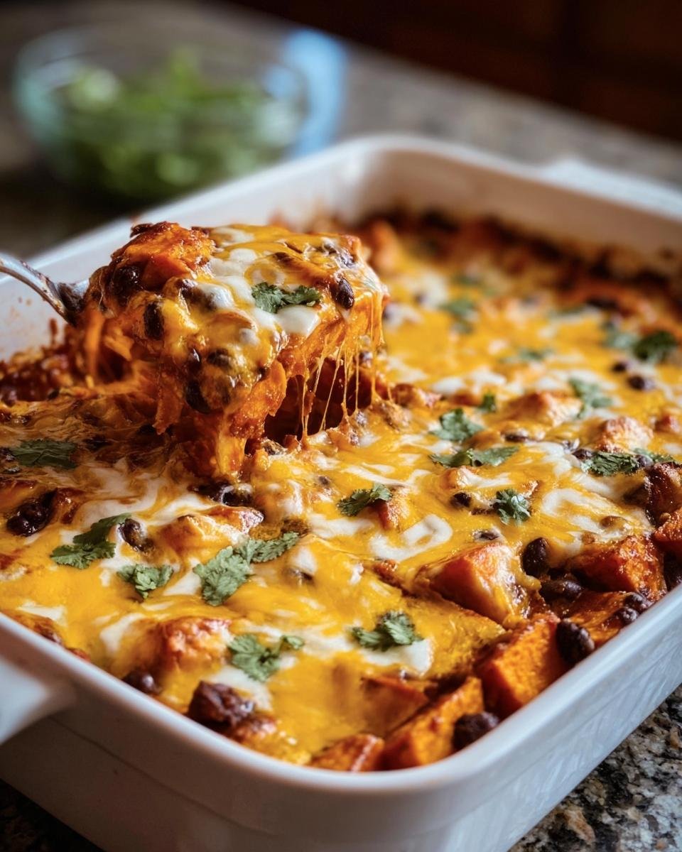 A spoonful of Sweet Potato and Black Bean Enchilada Casserole is lifted from a baking dish, showing melted cheese and cilantro.