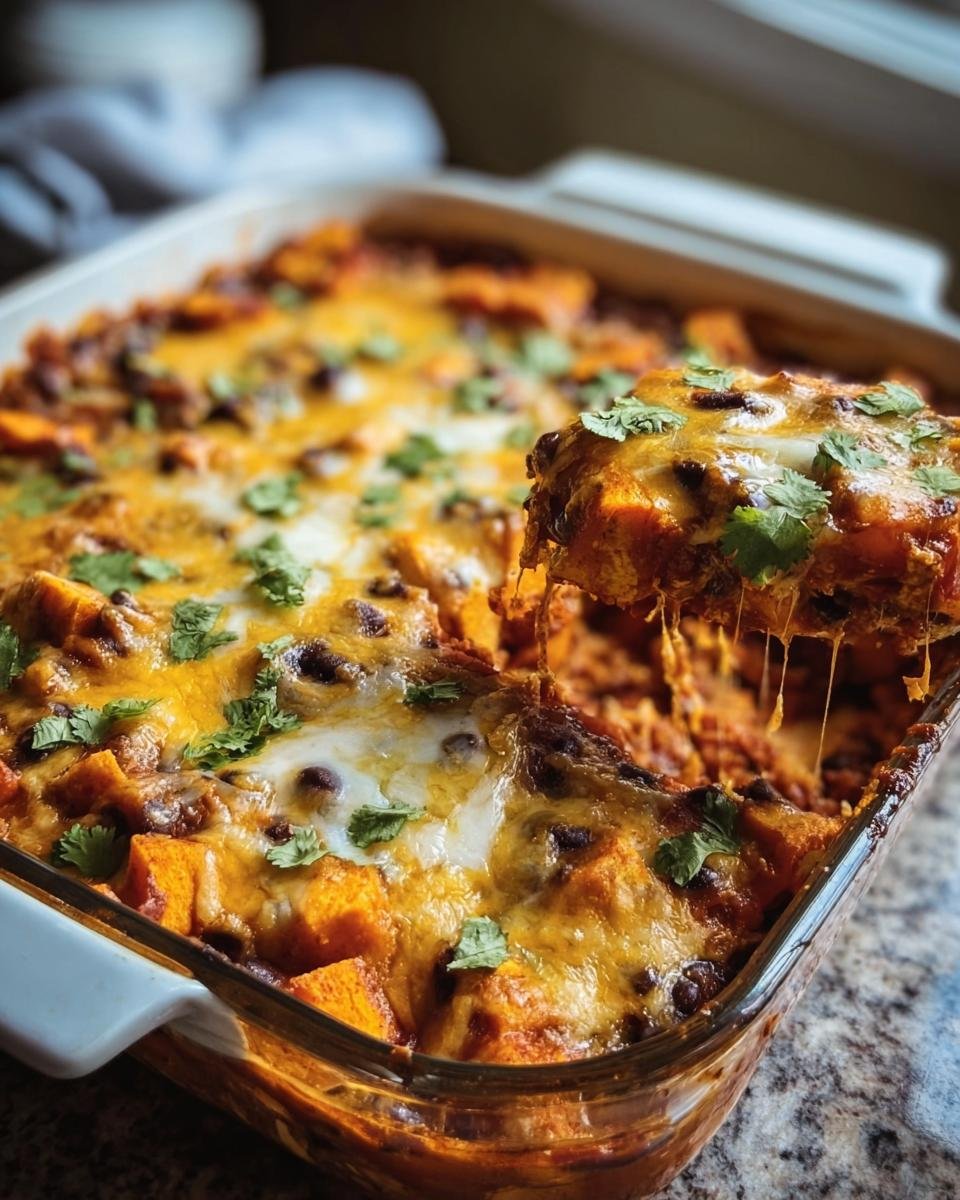 A slice of Sweet Potato and Black Bean Enchilada Casserole being lifted, showing cheesy, delicious layers.