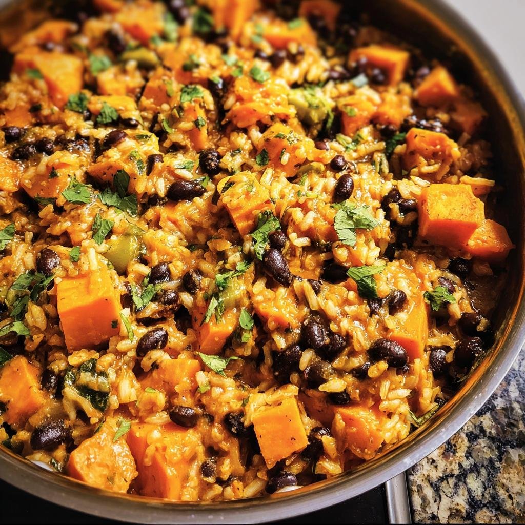 Close-up of Sweet Potato, Black Bean and Rice Skillet, garnished with fresh cilantro.