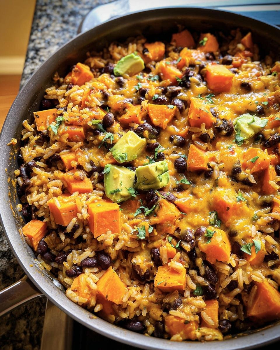 Overhead view of a Sweet Potato, Black Bean and Rice Skillet, garnished with avocado and herbs.
