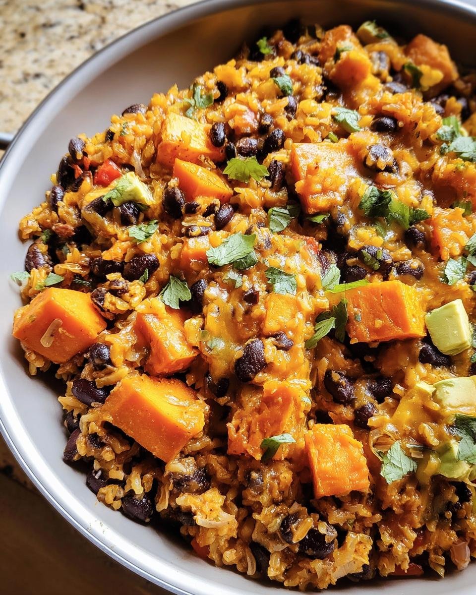 A bowl of Sweet Potato, Black Bean and Rice Skillet, garnished with cilantro and avocado.