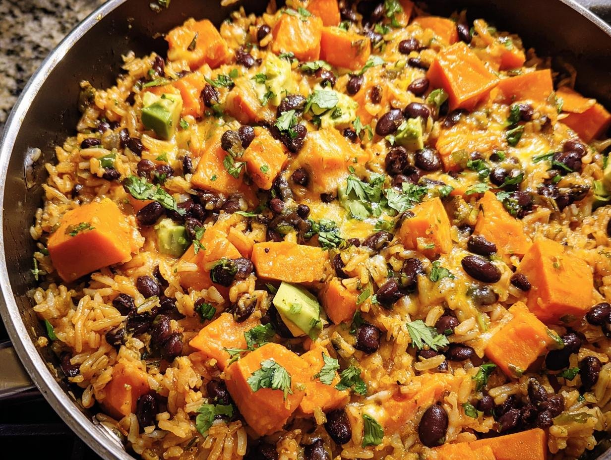 A vibrant Sweet Potato, Black Bean and Rice Skillet, featuring diced sweet potatoes, black beans, rice, and fresh cilantro.