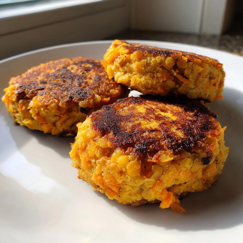 Three golden-brown SWEET POTATO & RED LENTIL PATTIES stacked on a white plate, ready to be enjoyed.