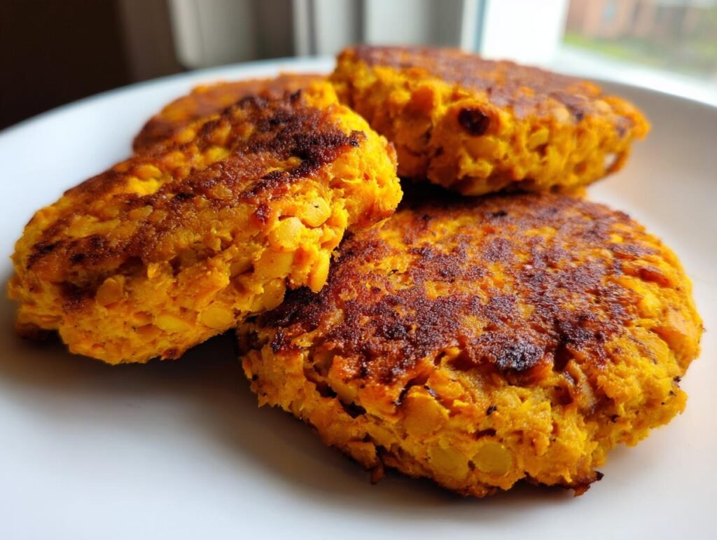 Three golden-brown Sweet Potato & Red Lentil Patties stacked on a white plate, showcasing their texture.