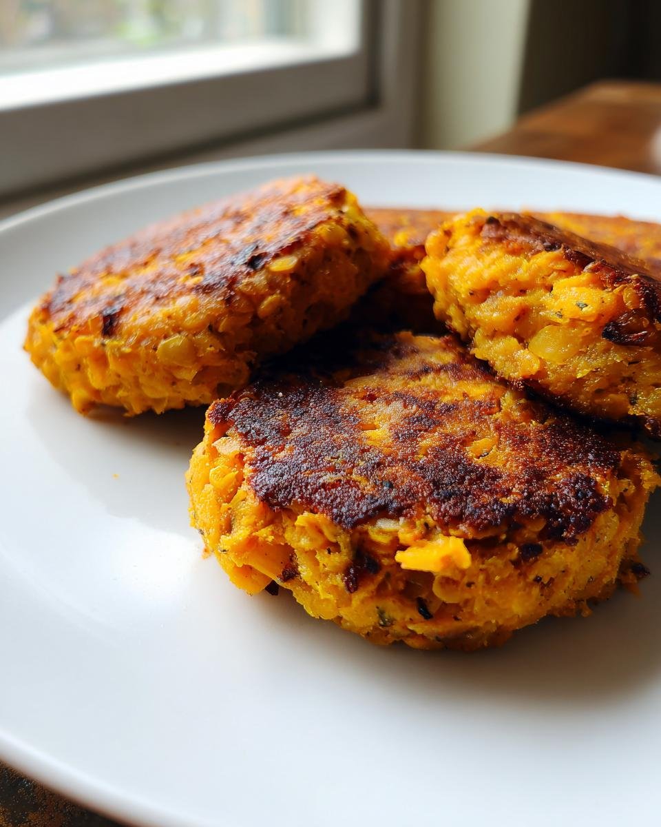 A plate of golden-brown Sweet Potato & Red Lentil Patties, ready to eat.