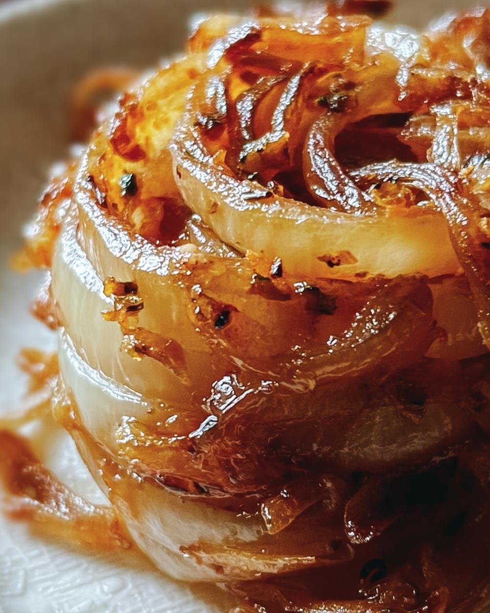 Close-up of stacked, caramelized Tennessee Onions with visible layers and browned edges.