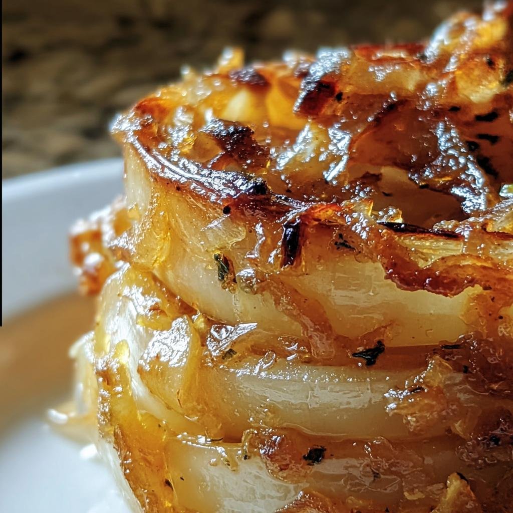 Close-up of stacked, caramelized Tennessee Onions on a white plate, showing delicious browning and texture.