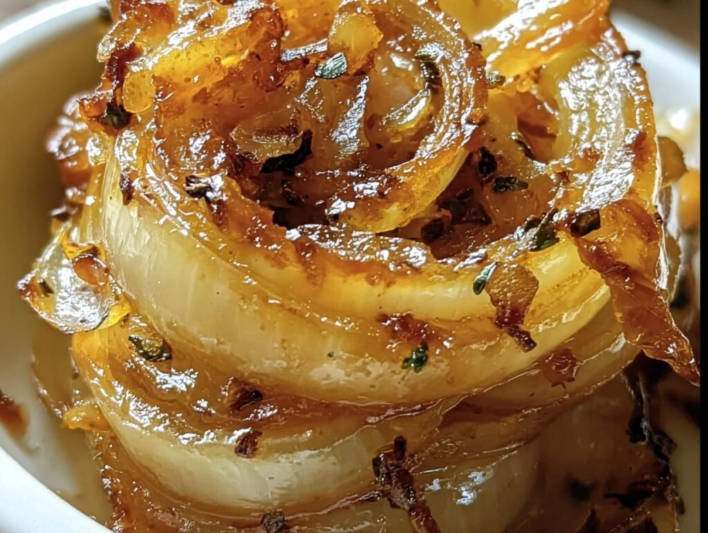 Close-up of stacked, caramelized Tennessee Onions with herbs, glistening with a rich, golden-brown color.