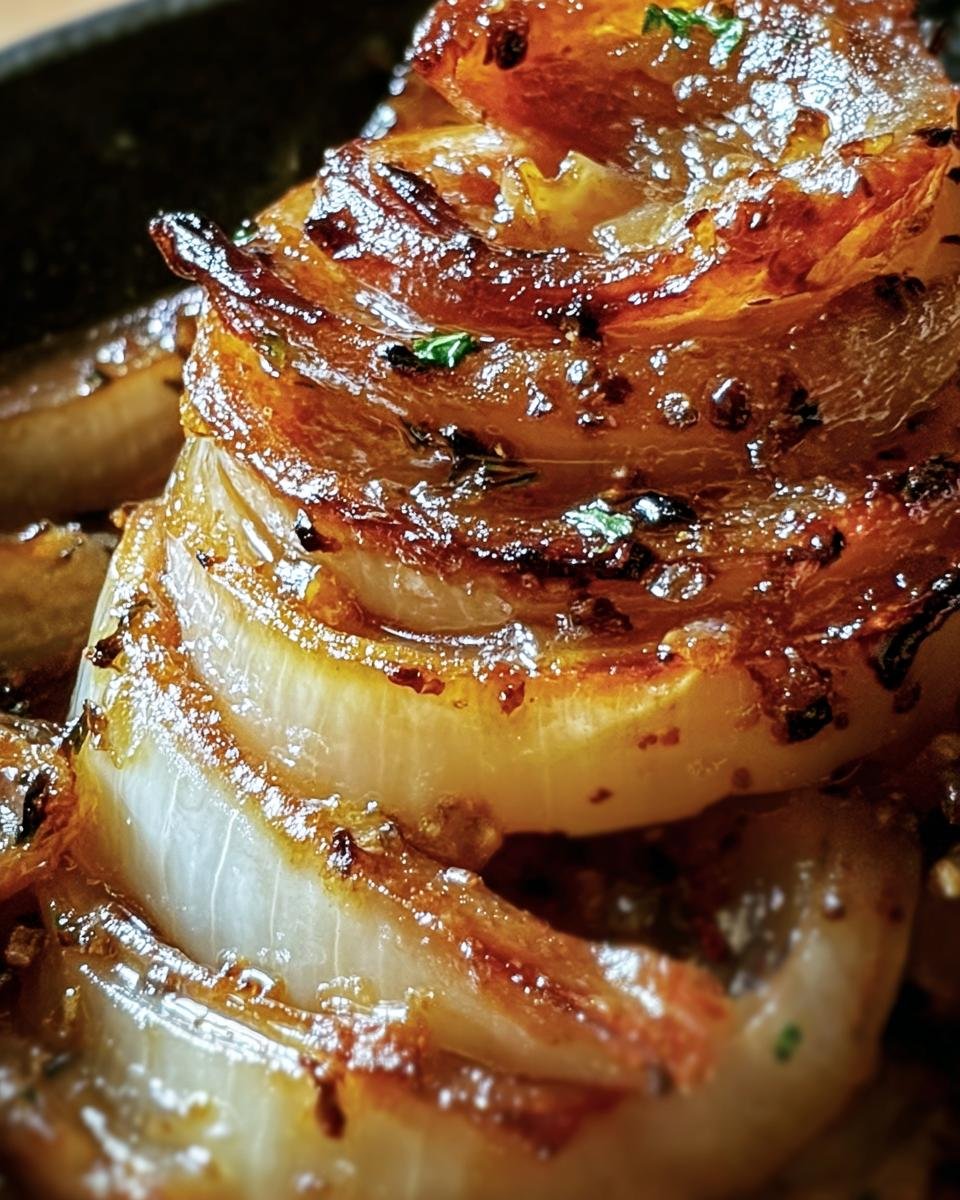 Close-up of stacked, caramelized Tennessee Onions, glistening with herbs and spices.
