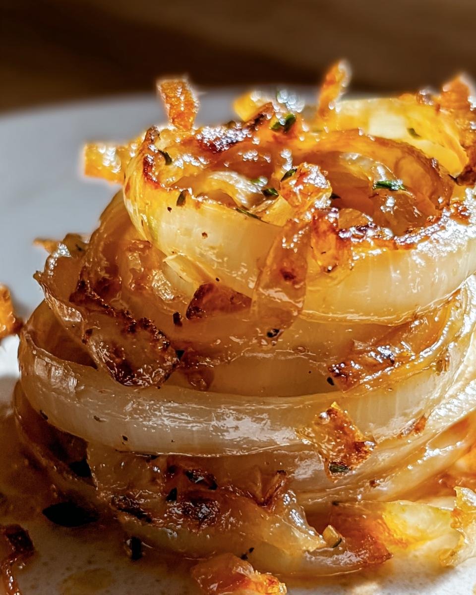 Close-up of stacked, caramelized Tennessee Onions, glistening with a savory glaze.