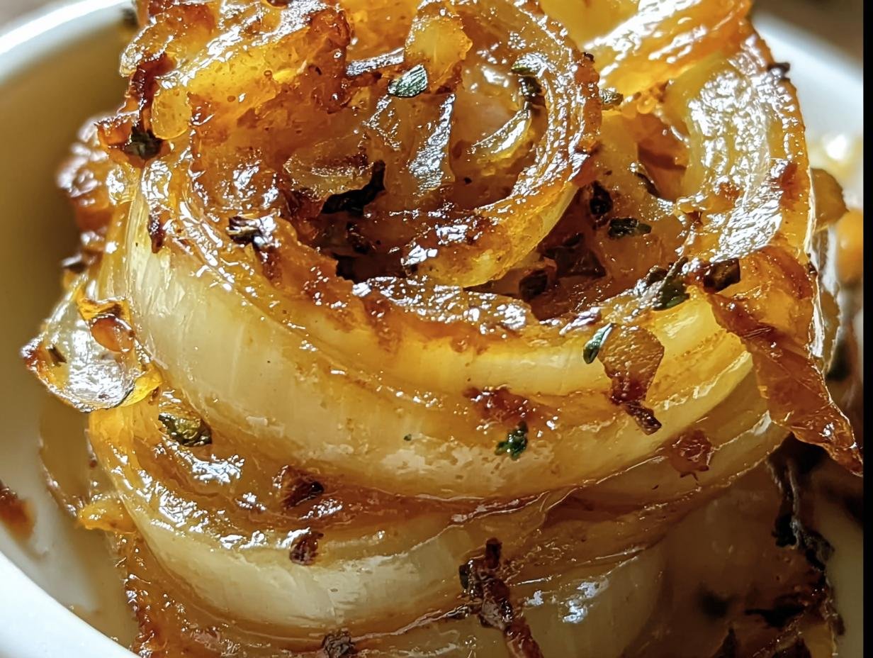 Close-up of stacked, caramelized Tennessee Onions with herbs, glistening with a rich, golden-brown color.