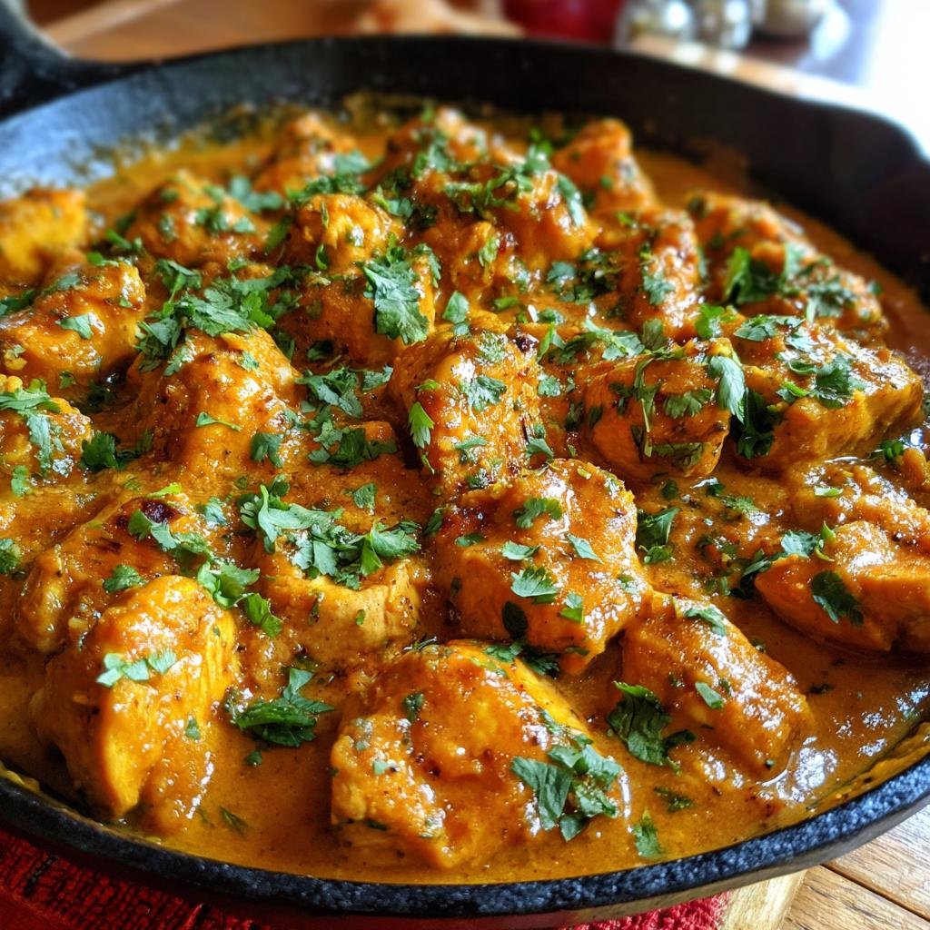 Close-up of Texas Roadhouse Butter Chicken Skillet with creamy sauce and fresh parsley.