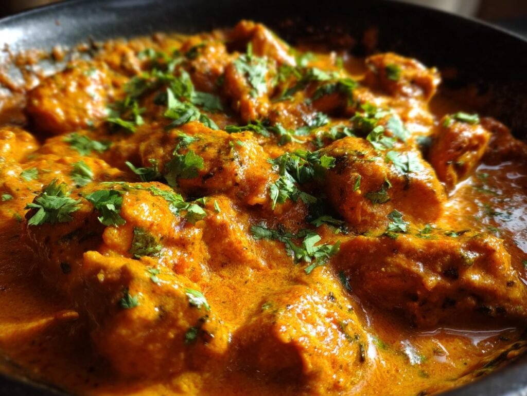 Close-up of Texas Roadhouse Butter Chicken Skillet, garnished with fresh cilantro.