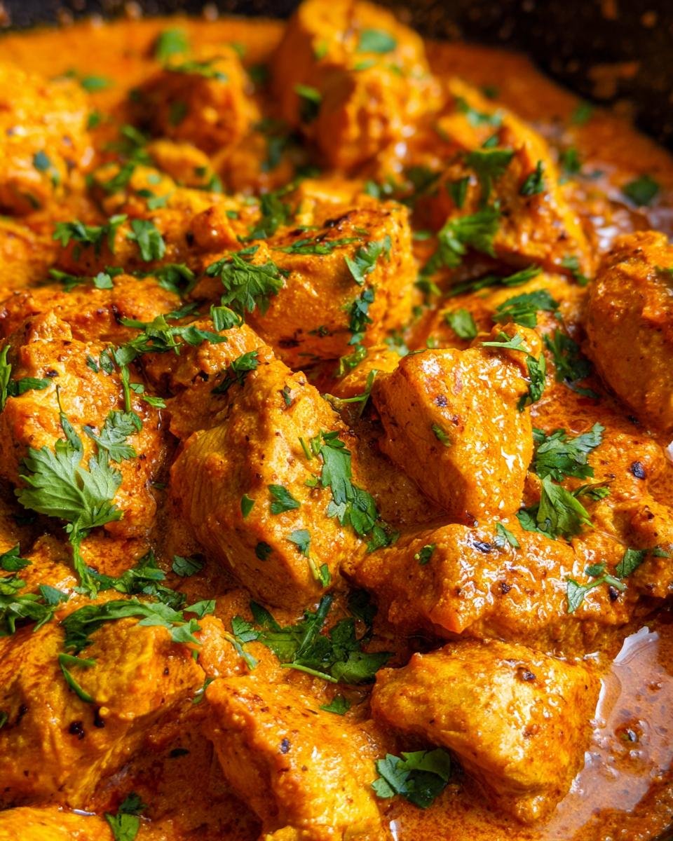 Close-up of Texas Roadhouse Butter Chicken Skillet, featuring tender chicken pieces in a creamy sauce, garnished with fresh parsley.