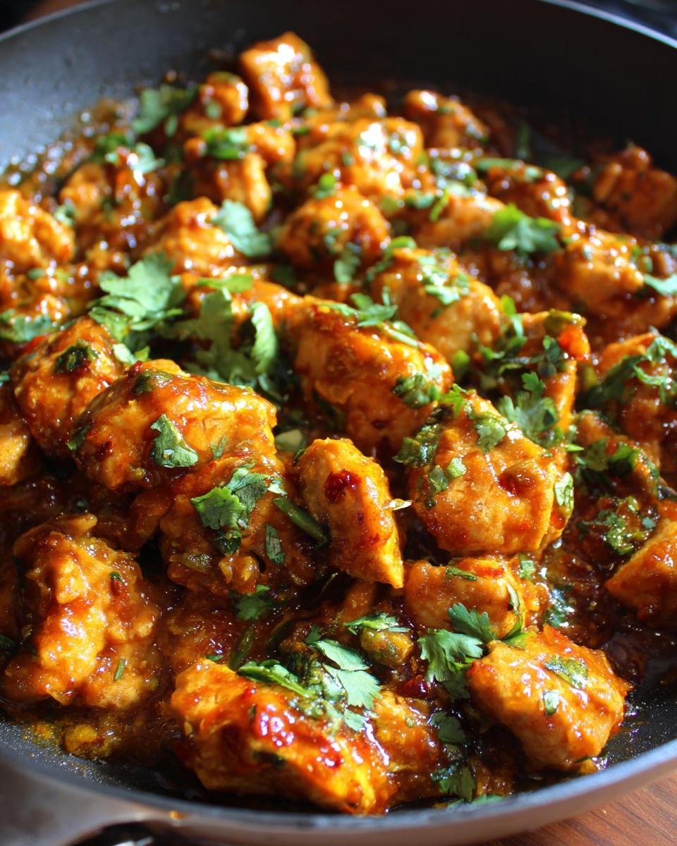 Close-up of Texas Roadhouse Butter Chicken Skillet, featuring chicken pieces with sauce and cilantro.