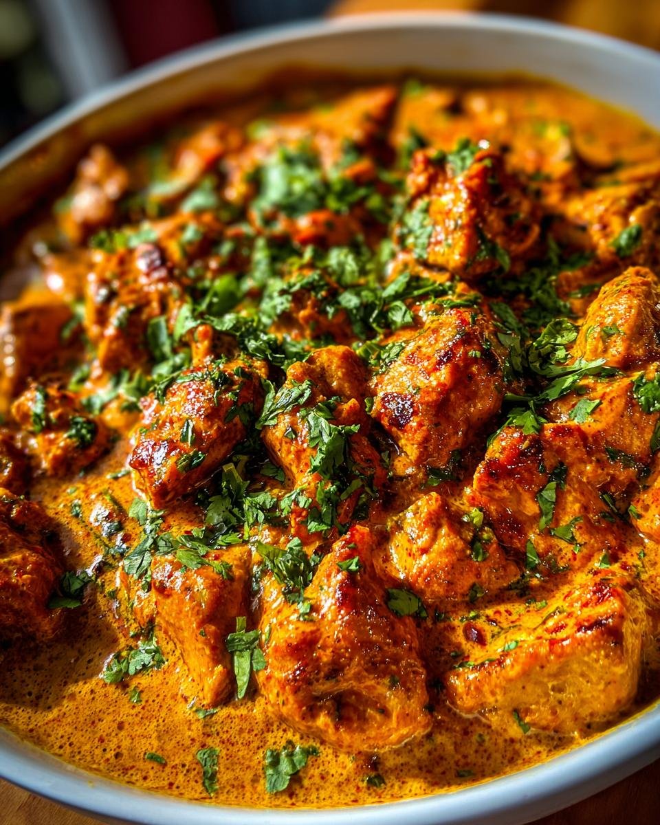 A close-up of Texas Roadhouse Butter Chicken Skillet, showing chicken pieces in a creamy sauce, garnished with fresh herbs.